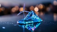 Glowing blue wind turbine model floating on reflective surface with bokeh lights background creates futuristic clean energy concept visualization.