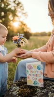 Young child giving wildflower bouquet to mother outdoors at sunset with Happy Mother's Day card on rock, celebrating family love and appreciation.
