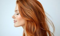 Profile view of young woman with flowing copper red hair against light background, showcasing natural beauty and hair texture for salon advertising.