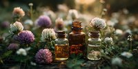 Essential oils in glass bottles surrounded by blooming clover flowers in natural garden setting for aromatherapy and wellness applications.