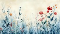 Delicate watercolor wildflowers in red and orange hues against misty blue background, botanical floral arrangement with leaves and stems in soft gradient colors.