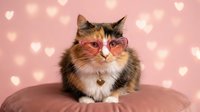 Adorable calico cat wearing pink heart-shaped sunglasses sitting on pink surface with romantic heart bokeh lights background for Valentine's Day.