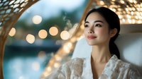 Young Asian woman in white lace robe gazing upward with dreamy expression against soft bokeh lights background, creating romantic and serene atmosphere.