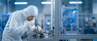 Scientist in protective cleanroom suit examining samples under microscope in modern laboratory facility for pharmaceutical research and development.