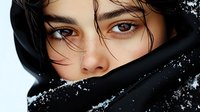 Close up portrait of young middle eastern woman with intense brown eyes wearing black hijab against snowy winter background, dramatic lighting highlights facial features.