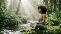 Young African American woman practicing meditation in peaceful forest setting with sunlight streaming through trees and flowing stream for wellness content.