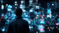Silhouette of person analyzing financial market data on digital display with stock charts, trading graphs and glowing bokeh lights in dark room.