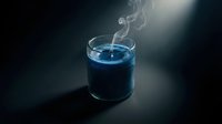 Steaming hot blue liquid in glass mug on dark surface with dramatic lighting and smoke effects for beverage and drink concepts.