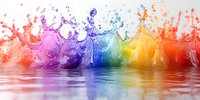 Vibrant rainbow colored water splashes creating dynamic crown formations with reflections on surface, frozen motion capture showing liquid dance in spectrum colors.