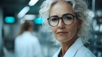 Confident mature businesswoman with silver curly hair and glasses wearing white blazer in corporate office environment, professional workplace portrait.