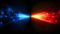 Dramatic collision of red and blue light beams with glowing particles and energy rays spreading from center point against dark background. Suitable for cosmic designs.