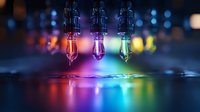 Three colorful LED light bulbs hanging in row creating rainbow reflection on surface with bokeh background for modern interior design and lighting concepts.