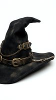 Vintage black witch hat with brass buckles and chains isolated on white background for Halloween costume design and gothic fashion accessories.