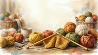 Colorful yarn balls in woven baskets with knitting needles and scissors on neutral surface, ideal for craft, hobby, and DIY projects.