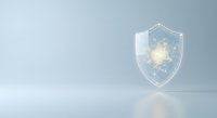 Transparent shield with glowing digital network inside, representing cybersecurity, data protection, and secure technology infrastructure for business and digital safety concepts.