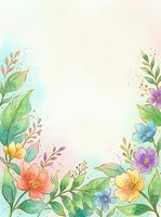 Watercolor floral border with colorful spring flowers and green leaves on soft pastel background, copy space for greeting cards and invitations.
