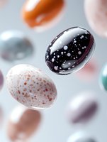 Floating colorful speckled eggs in soft focus against light background create dreamy Easter composition with black and white spotted decorative elements.