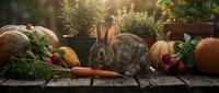 Adorable gray rabbit sitting among fresh autumn vegetables and herbs on rustic wooden table in warm sunlight for seasonal cooking and harvest themes.