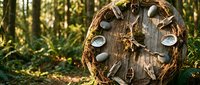 Rustic wooden clock face decorated with autumn leaves and natural materials in forest setting for seasonal home decor and craft projects.