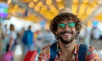 Young bearded man with curly hair and glasses smiling at airport terminal, wearing colorful Hawaiian shirt against blurred bokeh lights background.