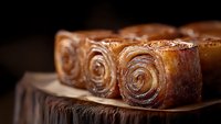 Fresh baked cinnamon rolls with swirled pattern on rustic wooden surface, close-up view showing golden brown caramelized texture in moody lighting.