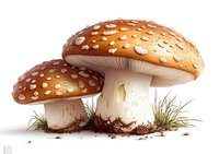 Orange spotted mushrooms with white dots growing from soil and grass, detailed botanical illustration on white background, isolated design element.