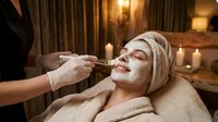 Professional spa facial treatment with white clay mask application in luxury wellness center with candles and warm lighting for skincare and relaxation.