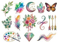 Watercolor botanical and decorative elements including leaves, flowers, butterfly, crystal, arrows, palette, and abstract swirls. Isolated clipart set ready for design projects, invitations, and crafts.