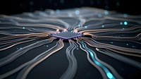 Abstract digital network visualization with glowing lines radiating from center point against dark background, featuring orange and blue light trails.
