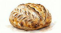 Freshly baked artisan bread loaf with golden crust and decorative scoring pattern, watercolor illustration isolated on white background for bakery designs.