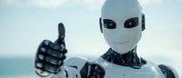 Friendly white robotic android showing thumbs up gesture against blurred background, expressing positive artificial intelligence concept.