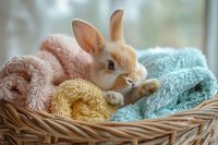 Adorable ginger bunny rabbit resting in wicker basket with soft pastel colored blankets and textiles, creating cozy spring atmosphere for Easter holiday decorations.