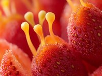 Extreme close-up of vibrant red flower stamens with yellow tips and textured surface covered in tiny water droplets, showcasing nature's intricate details.