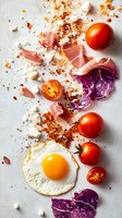 Fresh breakfast ingredients scattered on white surface with fried egg, prosciutto, cherry tomatoes, purple cabbage, feta cheese and spices. Food photography layout.