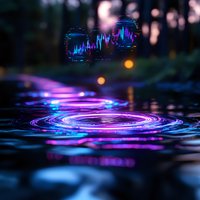 Glowing neon ripples on dark water surface with floating financial chart reflections create magical atmosphere in purple and blue colors at night.