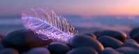 Glowing translucent feather rests on smooth dark stones at sunset, creating magical ethereal atmosphere with purple and pink hues against blurred ocean background.