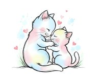 Adorable mother cat cuddling with kitten in pastel colors on white background, showing maternal love and affection for pet designs and nursery decor.
