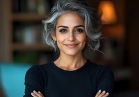 Confident mature woman with silver gray hair and natural makeup smiling at camera, wearing black sweater. Arms crossed, professional headshot against blurred background.