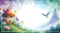 Fantasy landscape with mushroom house, fairy tale castle, dragon and magical flowers creating enchanted storybook scene for children illustration and design projects.