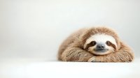 Adorable baby sloth with fluffy brown fur resting peacefully on white surface against neutral background for wildlife and nature content.