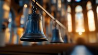 Antique bronze church bell hanging in cathedral interior with stained glass windows and soft natural lighting creating atmospheric religious ambiance.