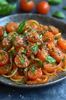 Fresh cherry tomato pasta with basil and herbs in rustic bowl, homemade Italian cuisine ready for dinner service with natural ingredients and aromatic spices.