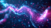 Glowing wave of particles with pink and blue neon colors flowing through dark space, creating dynamic motion effect against blurred bokeh background.