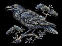 Raven perched on gnarled branch with foliage, isolated on transparent background. Ready for t-shirt designs, clipart, stickers, sublimation, print-on-demand products and digital crafts.