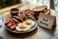 Traditional English breakfast with fried eggs, sausages, cherry tomatoes on gray plate, good morning note card, coffee cup and toasted bread on wooden table.