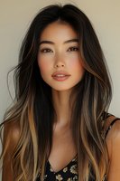 Young Asian woman with long ombre hair featuring caramel highlights against neutral background, wearing floral top for beauty and fashion advertising.