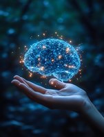 Glowing digital brain hologram floating above open palm against dark background, representing artificial intelligence and future technology advancement.