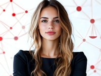 Young Caucasian businesswoman with long brown hair wearing black top against white background with red network connections pattern, modern corporate portrait.