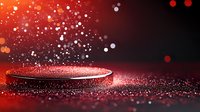 Red glowing platform with sparkling particles and bokeh effects on dark background creates dramatic product display space for luxury presentations.