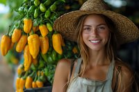 Smiling young Caucasian woman in straw hat at farmers market with fresh yellow peppers, representing healthy local produce shopping.